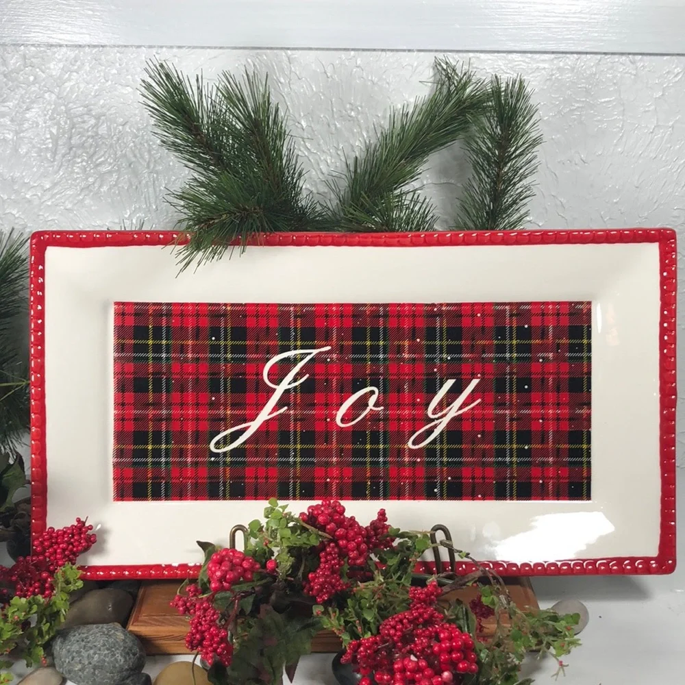 Plaid “Joy” Serving Platter Tray NWT Christmas Holiday Serving Tray Decor - Picture 1 of 14